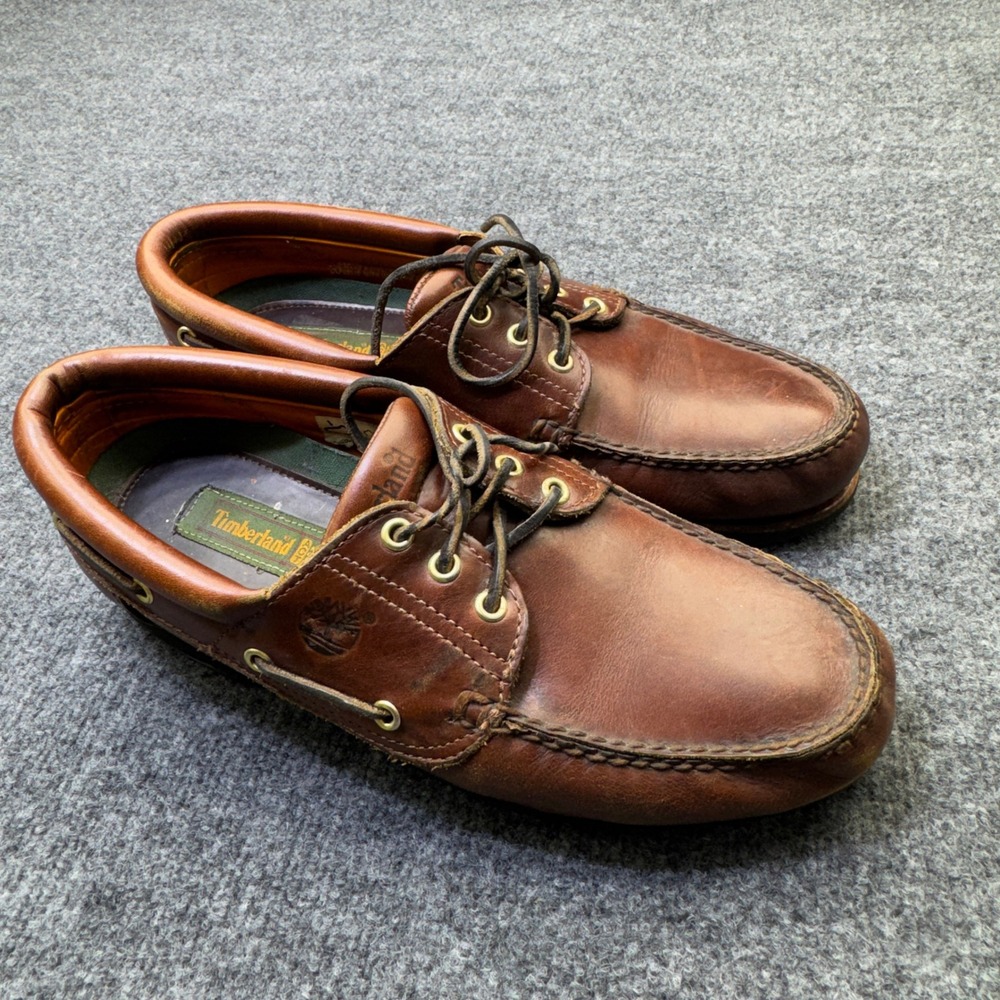 Vintage Timberland 3 Eye Lug Boat Shoes Mens 11 M Brown Leather Moc Toe 32015